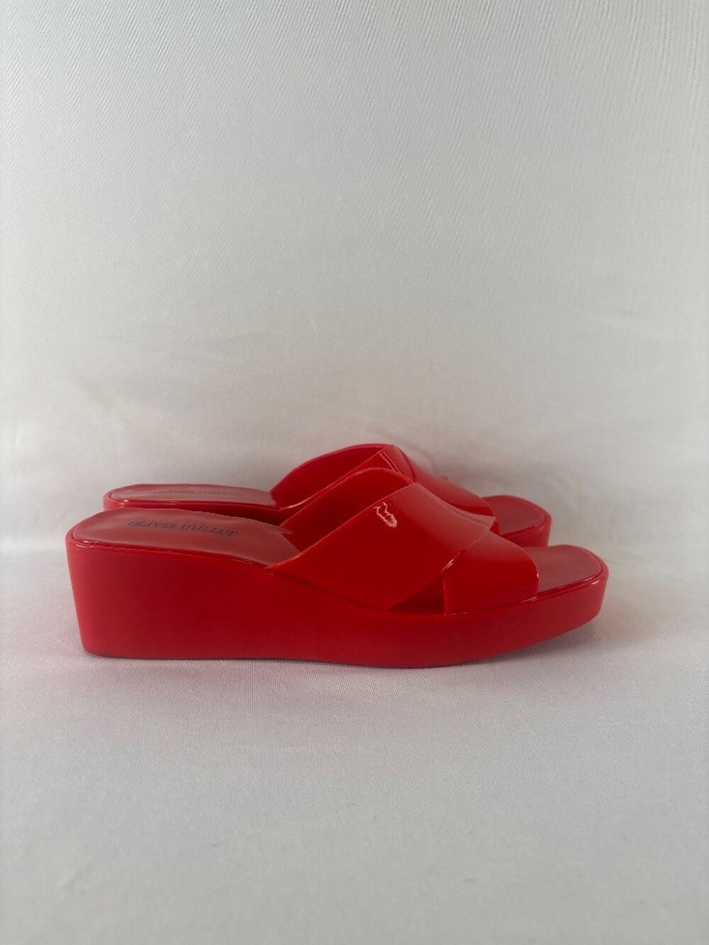 Olivia Miller Red Patent PVC Platform Wedge Slide Sandals Size 10 Glossy